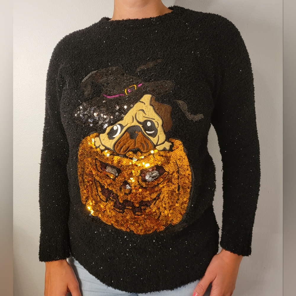 Happy Halloween Women's Sequin Cute Pug in a Jack O'Lantern Sweater